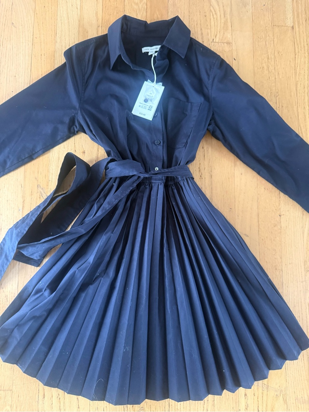 Navy Long-Sleeve Pleated Shirt Dress with Waist Tie free assembly XS NWT